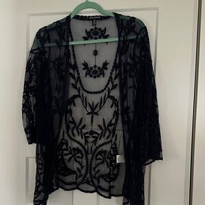 Nina Leonard Navy Sheer Embroidered Tunic